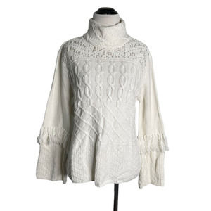WHBM White House Black Market Medium White Mixed Stitch Fringe Sweater Beaded